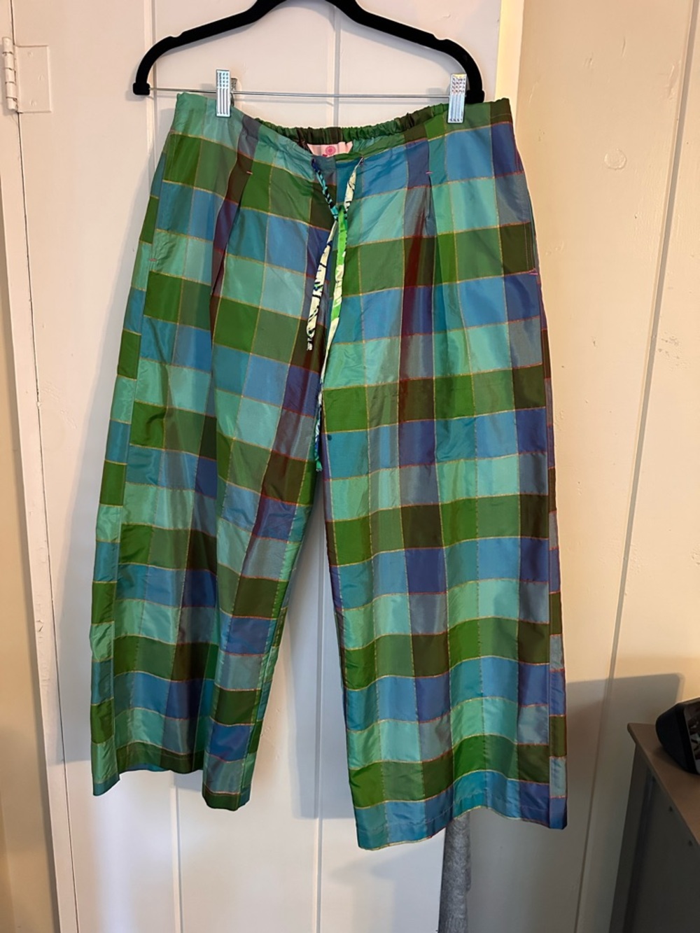 Wide Leg Plaid Satin Pants in Green & Blue